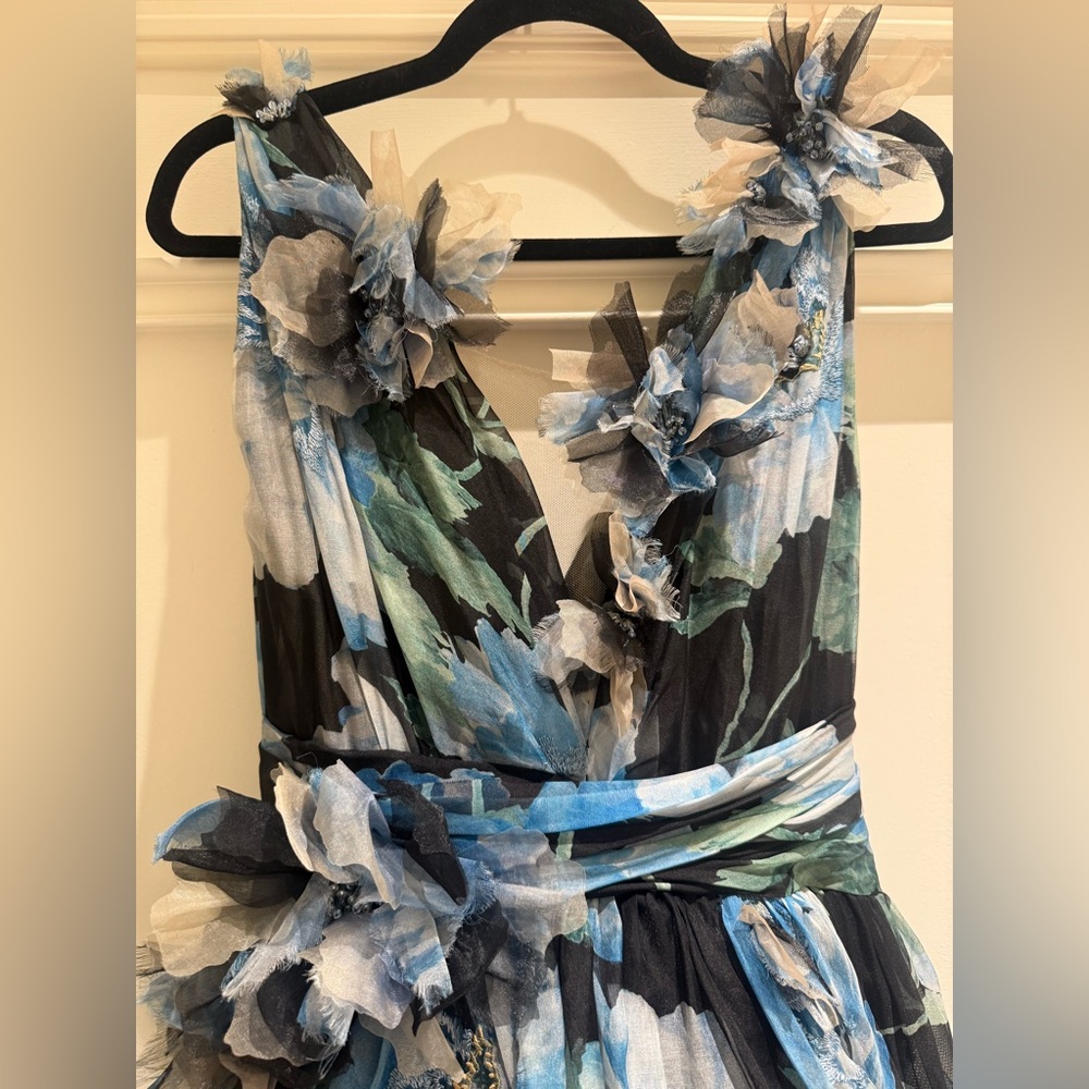 MARCHESA COUTURE- Blue Floral Tiered V-Neck Evening Dress - Picture 3 of 9